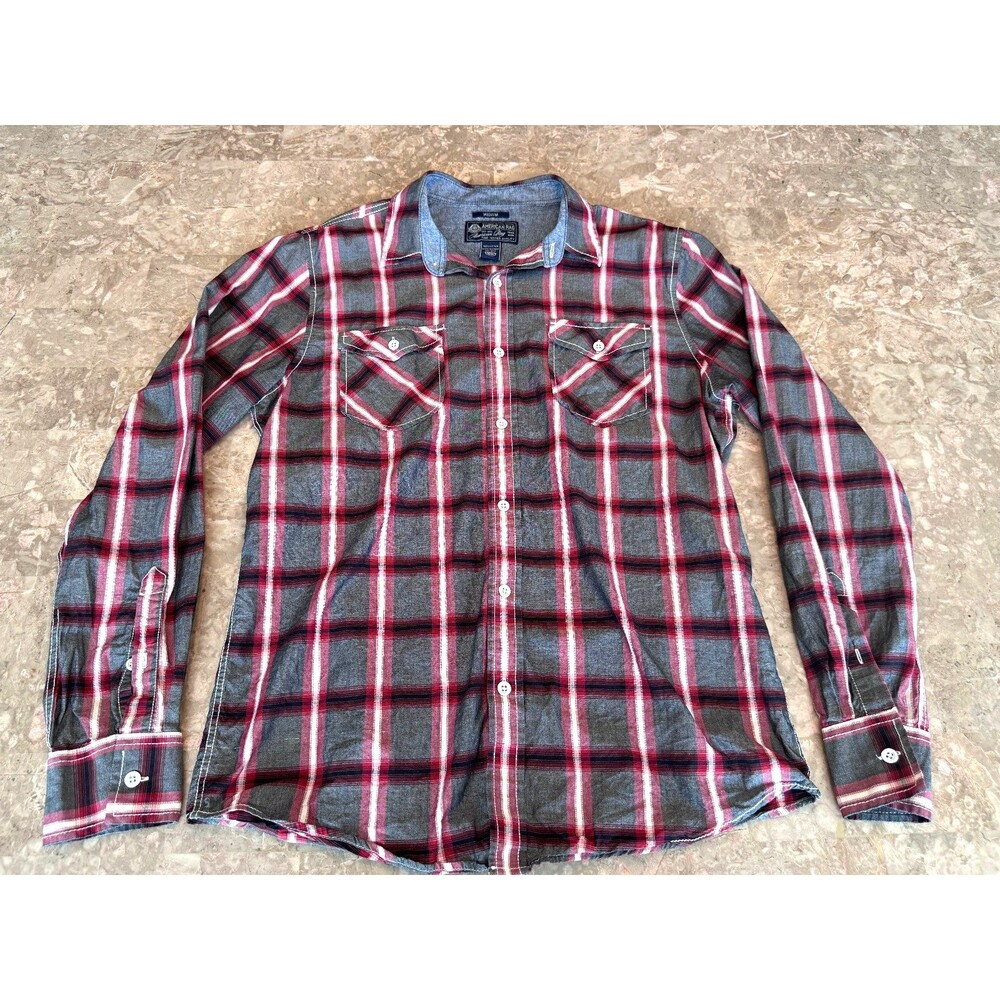 American Rag Men’s Long Sleeve Button Up Shirt Red Black White Plaid , Size M